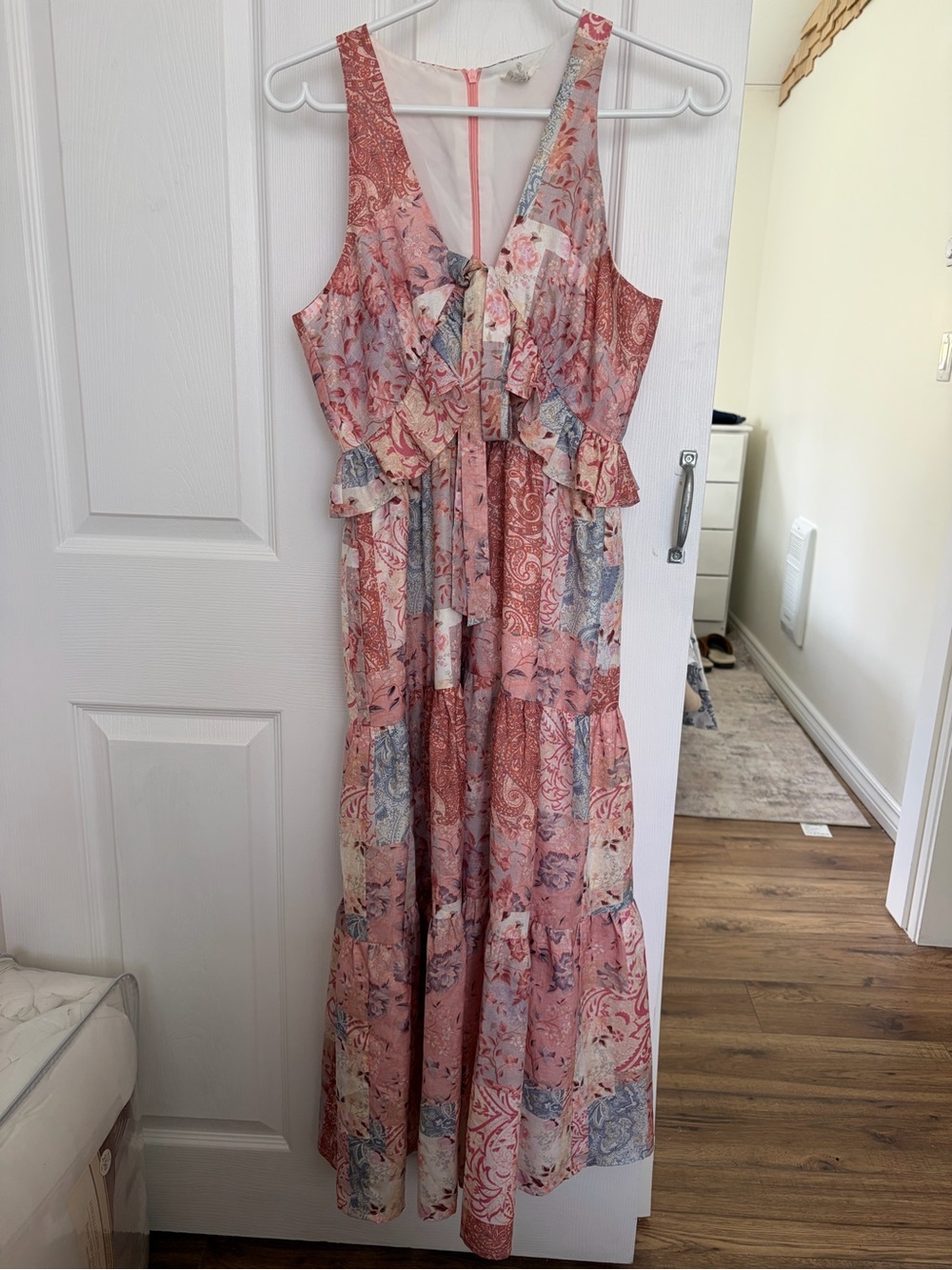 Boho Tie-Front Maxi Dress in Pink Floral Patchwork